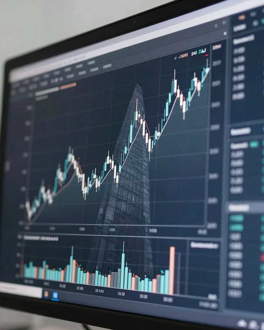A close-up, high-resolution detail of financial charts on a modern monitor, with subtle reflections of an architectural